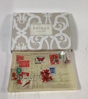 Fringe Studio Postcard Glass Trinket Tray Dish Small 4" x 6" Foreign Stamps